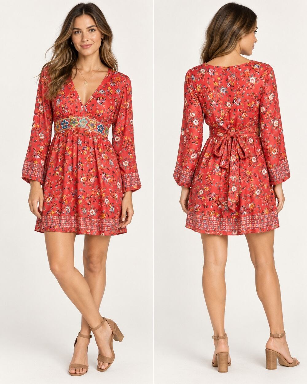 Johnny Was S Red Silk Embroidered Babydoll Tie Back Embroidered Tunic Mini Dress